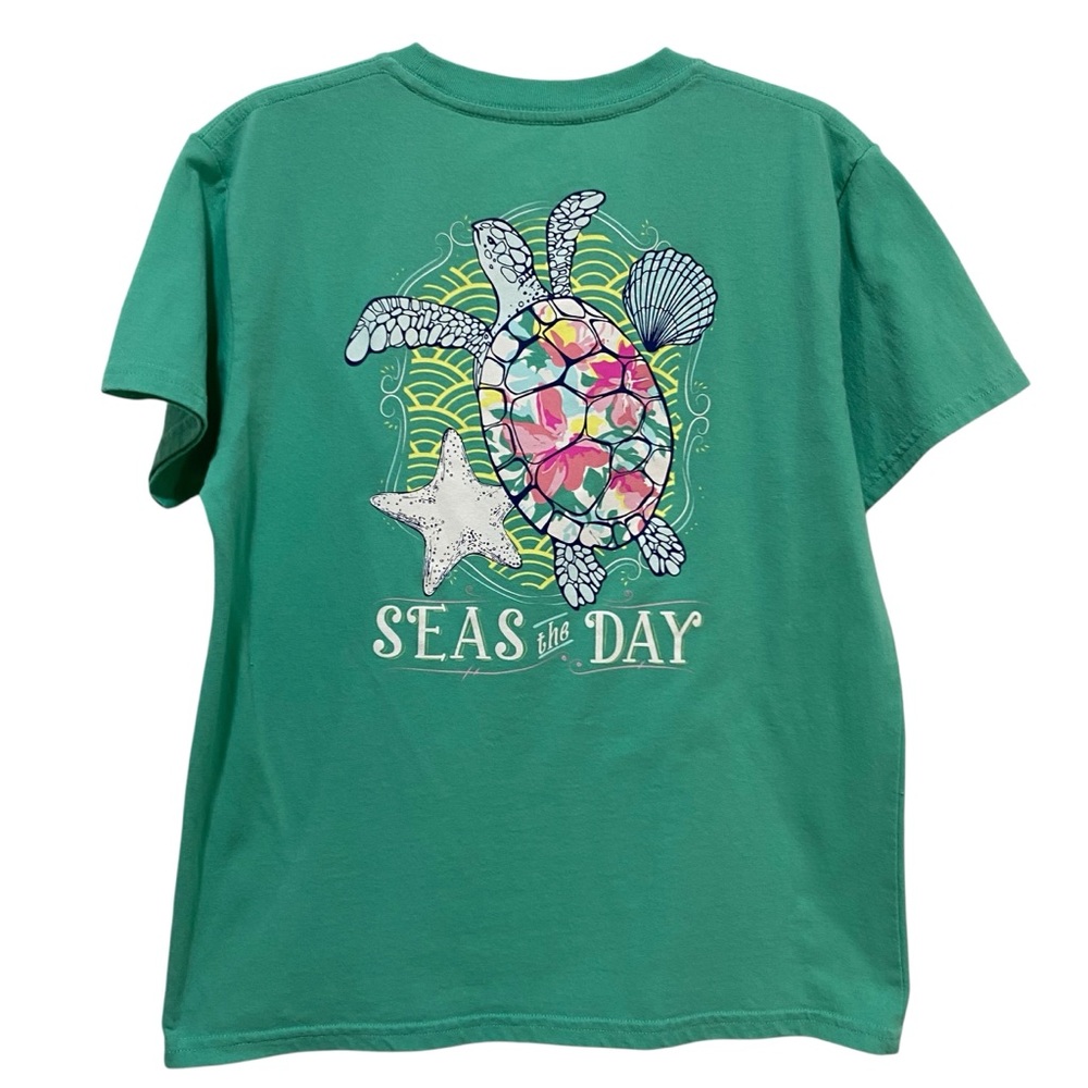 Benny & Belle Girls Bright Teal Short-Sleeve Kid Tee Colorful Turtle Graphic
